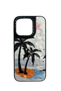 İPhone 15 Pro Beyaz Palmiye Ağacı Baskılı Kabartmalı Kılıf