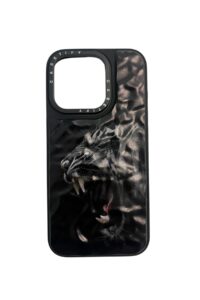 İPhone 15 Pro Siyah Panter Baskılı Kabartmalı Kılıf